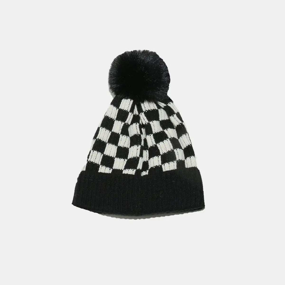 Checkered Knit Hat with Pompom - Trendsi - Flyclothing LLC