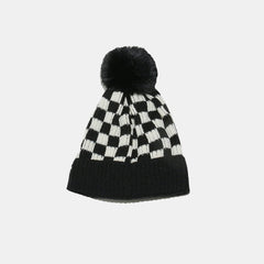 Checkered Knit Hat with Pompom - Trendsi