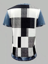 Denim Patchwork Short Sleeve Blouse - Trendsi - Flyclothing LLC
