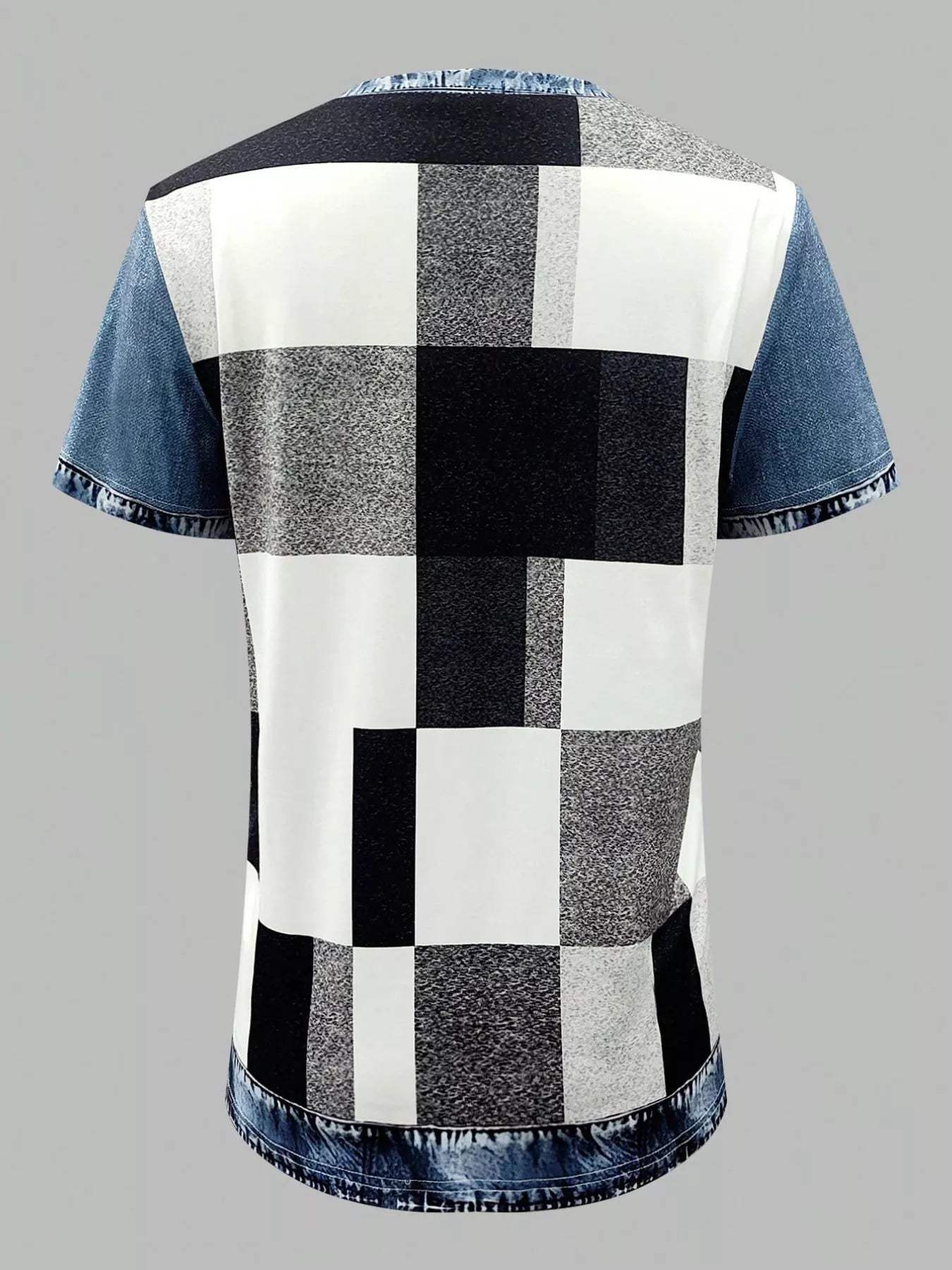 Denim Patchwork Short Sleeve Blouse - Trendsi - Flyclothing LLC
