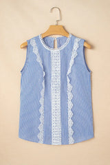 Stripe Lace Patchwork Crew Neck Sleeveless Top - Trendsi - Flyclothing LLC