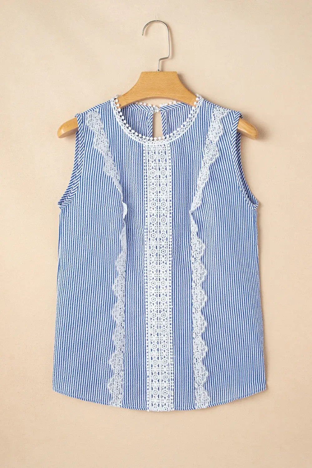 Stripe Lace Patchwork Crew Neck Sleeveless Top - Trendsi - Flyclothing LLC