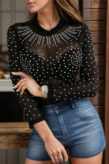 Rhinestone Trim Mock Neck Long Sleeve Bodysuit - Trendsi - Flyclothing LLC