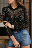 Rhinestone Trim Mock Neck Long Sleeve Bodysuit - Trendsi - Flyclothing LLC