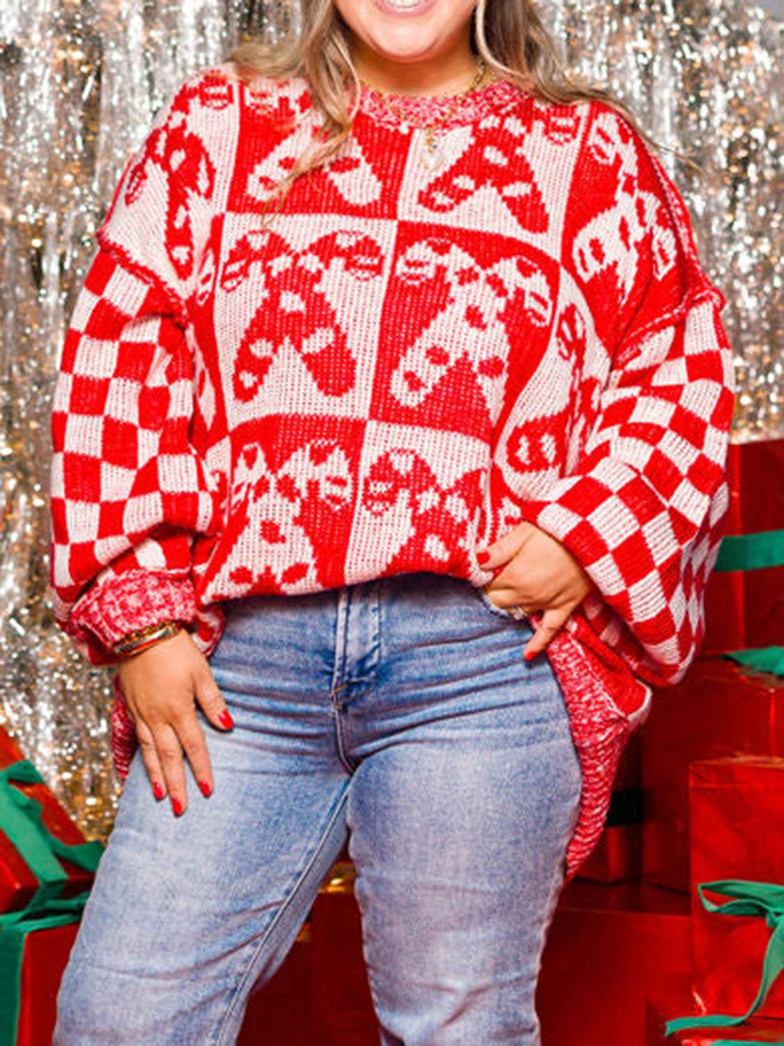 Candy Cane Contrast Round Neck Sweater - Trendsi - Flyclothing LLC