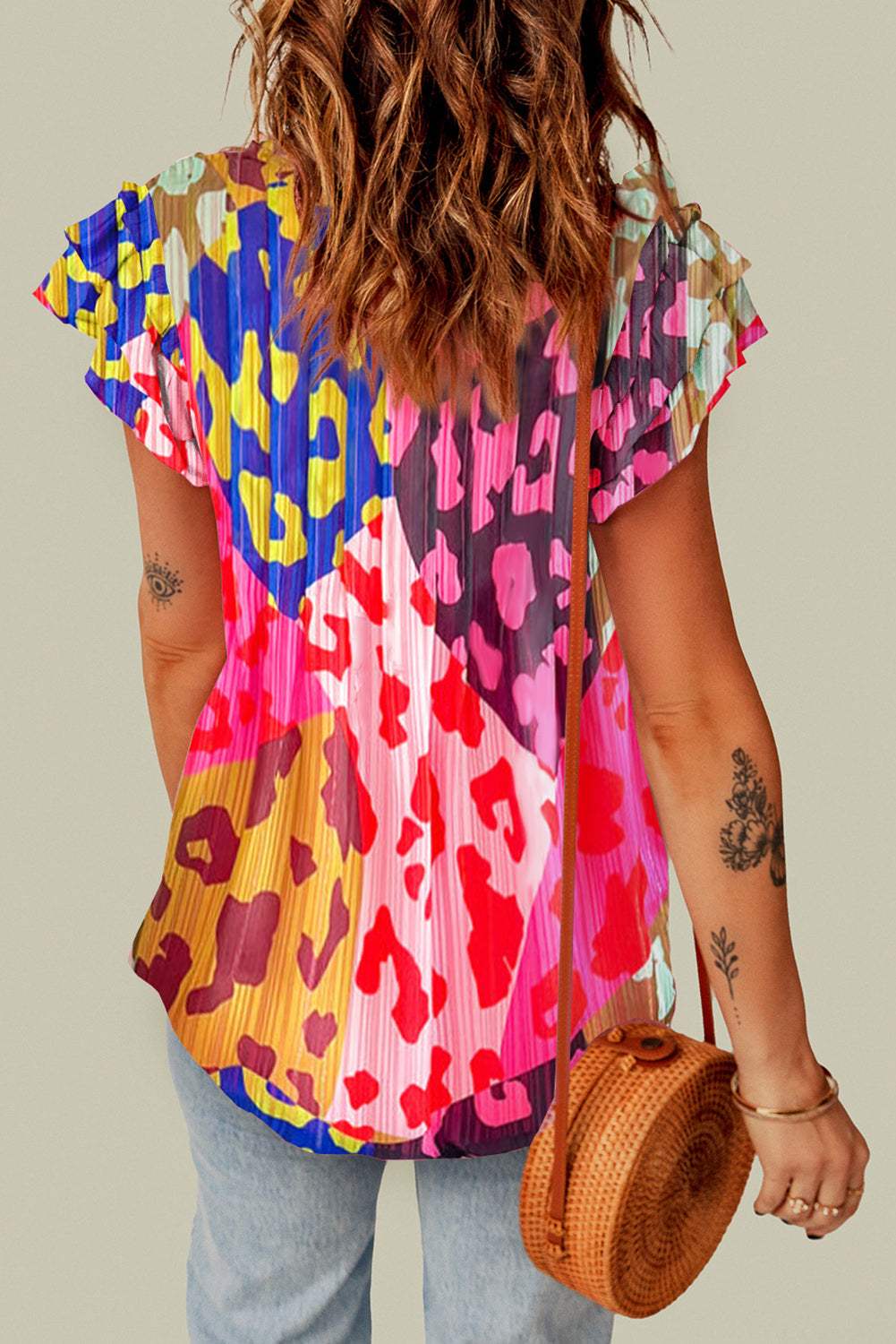 Ruffled Printed Tie Neck Cap Sleeve Blouse - Trendsi - Flyclothing LLC