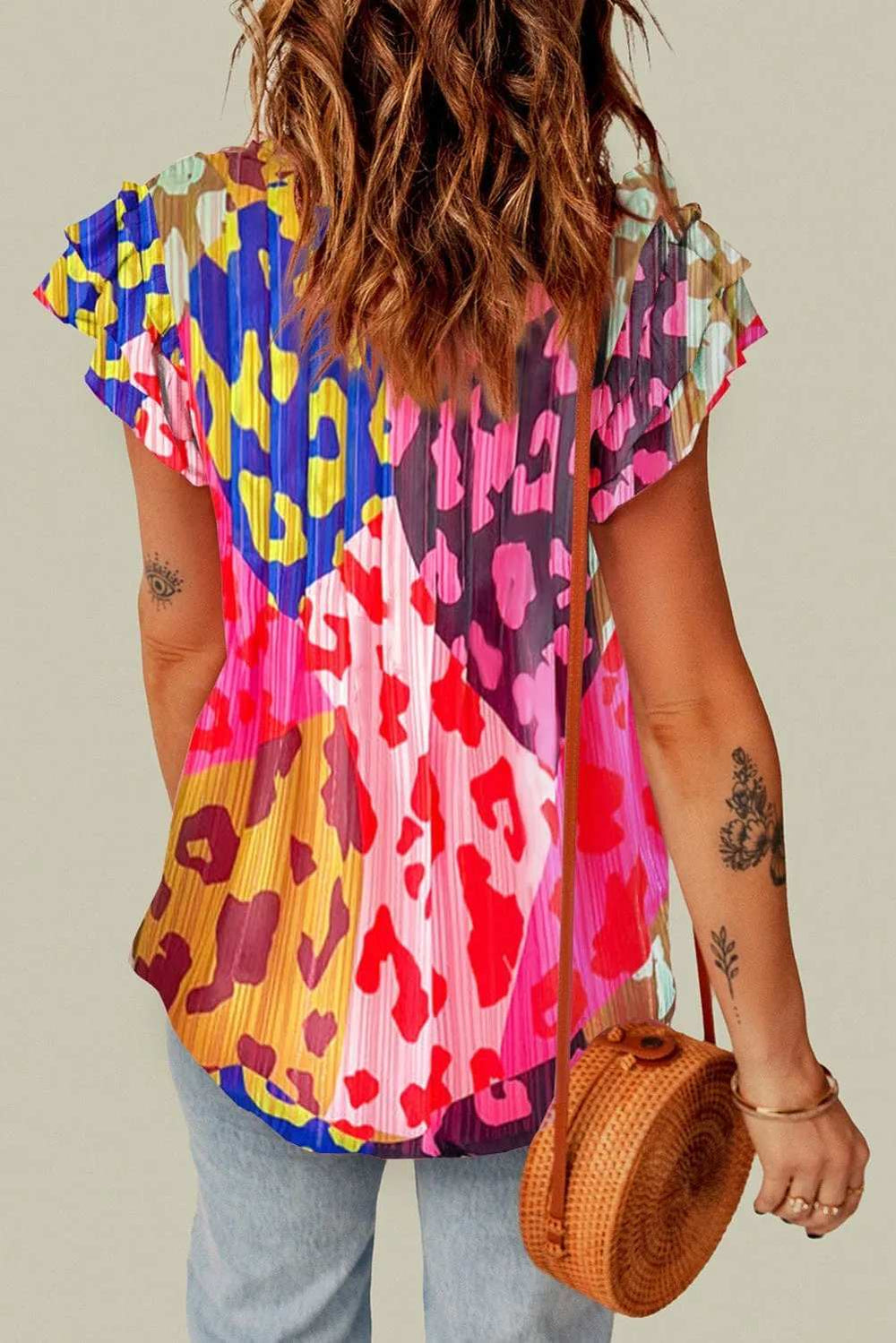 Ruffled Printed Tie Neck Cap Sleeve Blouse - Trendsi - Flyclothing LLC