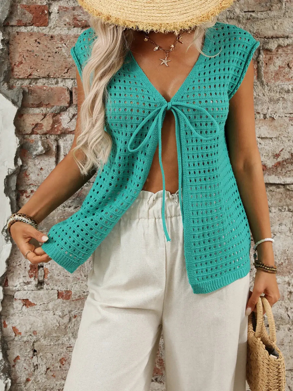 Tied Front Openwork V-Neck Knit Top - Trendsi - Flyclothing LLC