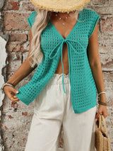 Tied Front Openwork V-Neck Knit Top - Trendsi - Flyclothing LLC