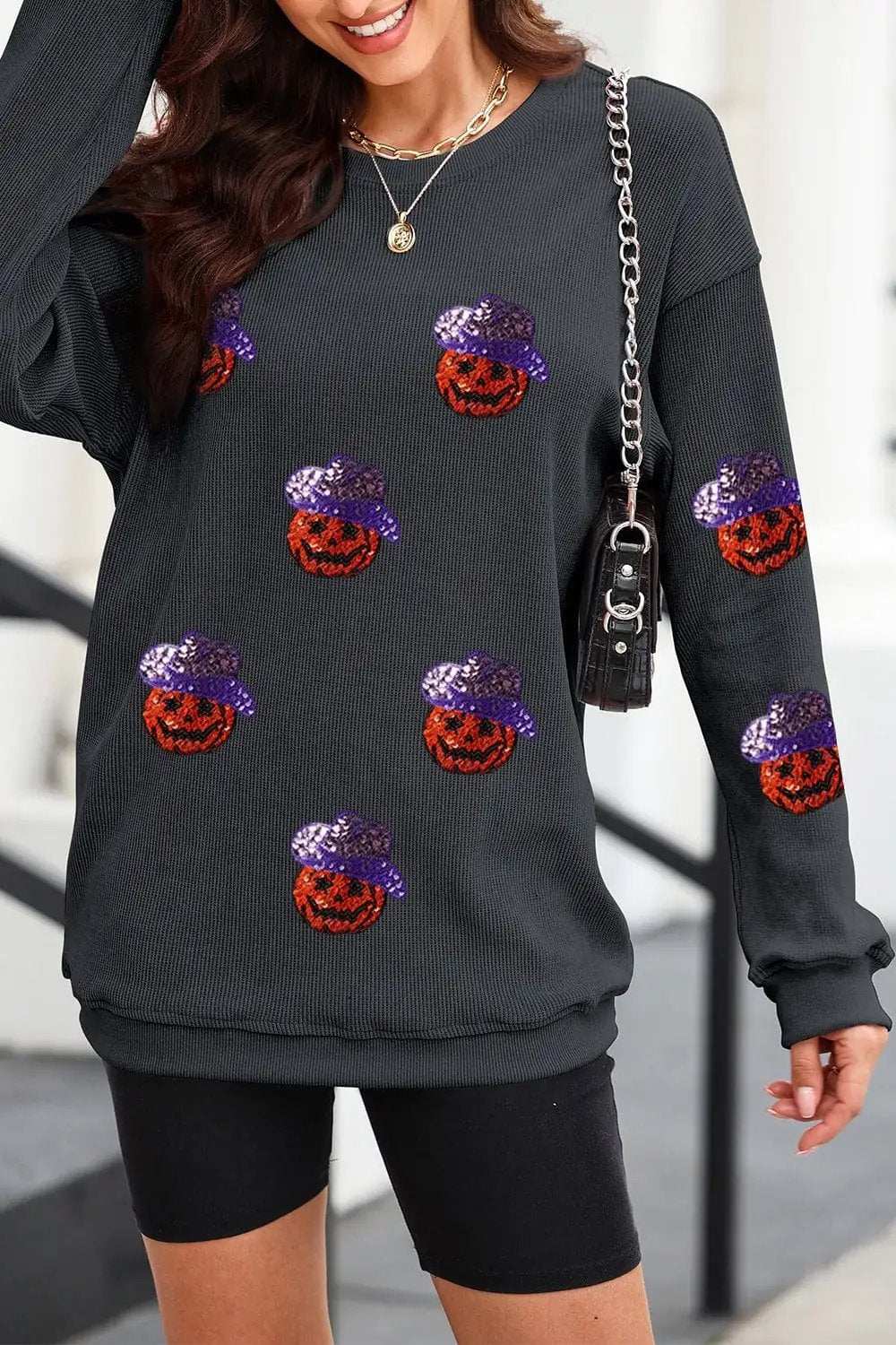Sequin Pumpkin Long Sleeve Sweatshirt - Trendsi - Flyclothing LLC