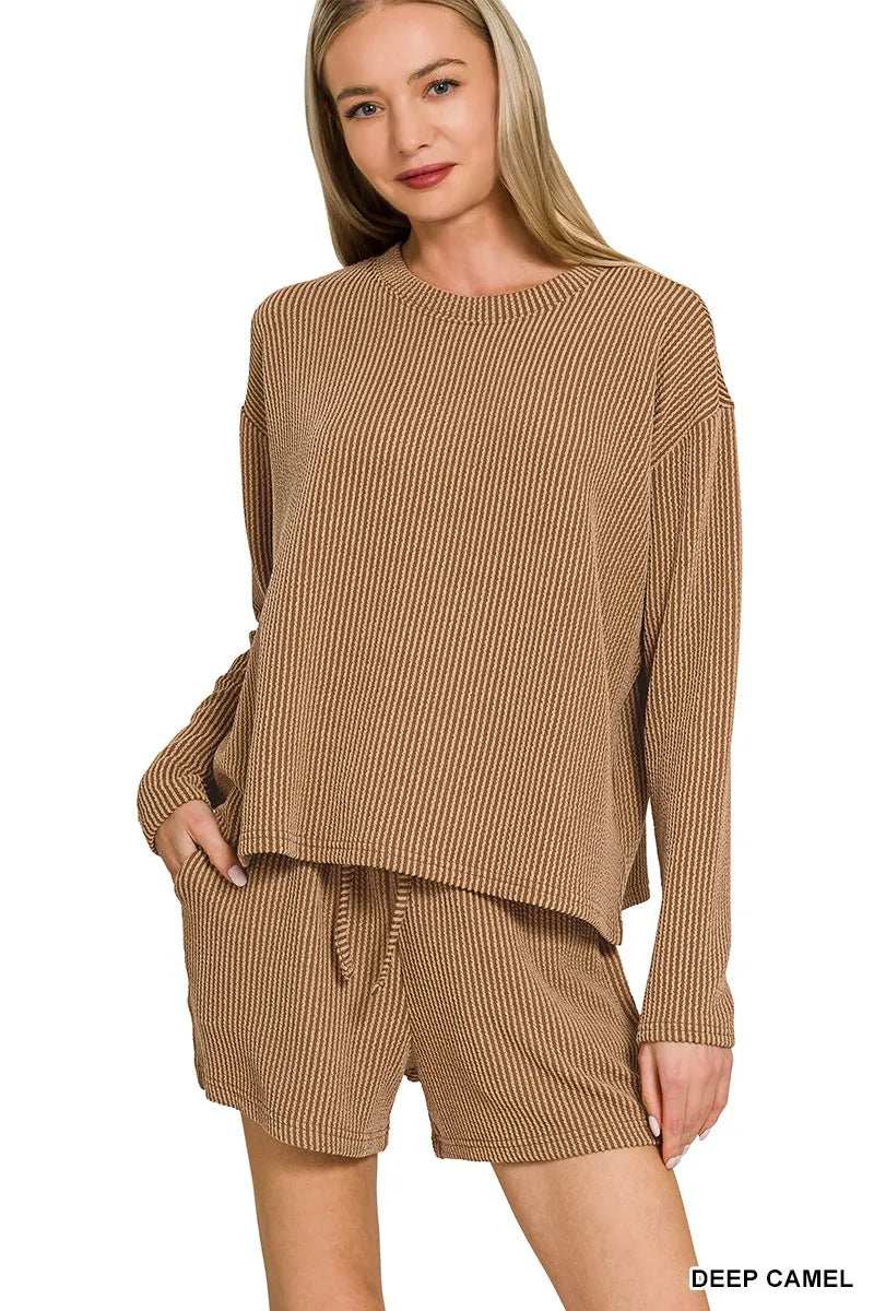 Zenana Corded Rib Long Sleeve Tee and Shorts Set - Trendsi - Flyclothing LLC
