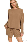 Zenana Corded Rib Long Sleeve Tee and Shorts Set - Trendsi - Flyclothing LLC