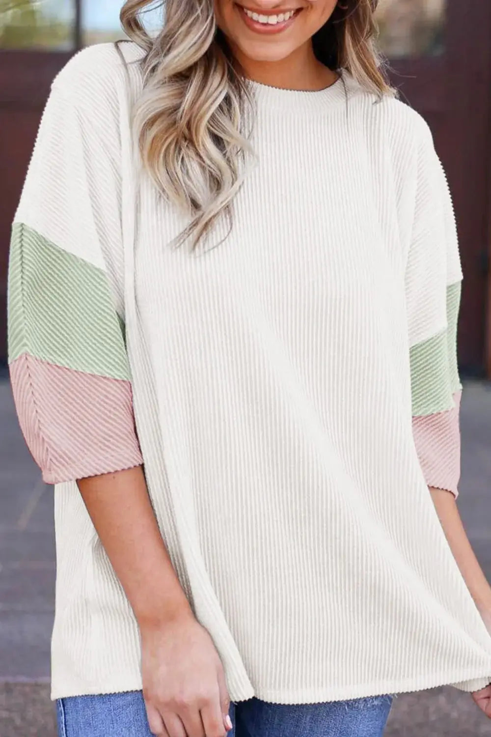 Color Block Ribbed Knit Three-Quarter Sleeve Top - Trendsi - Flyclothing LLC
