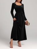 Velvet Square Neck Long Sleeve Dress - Trendsi