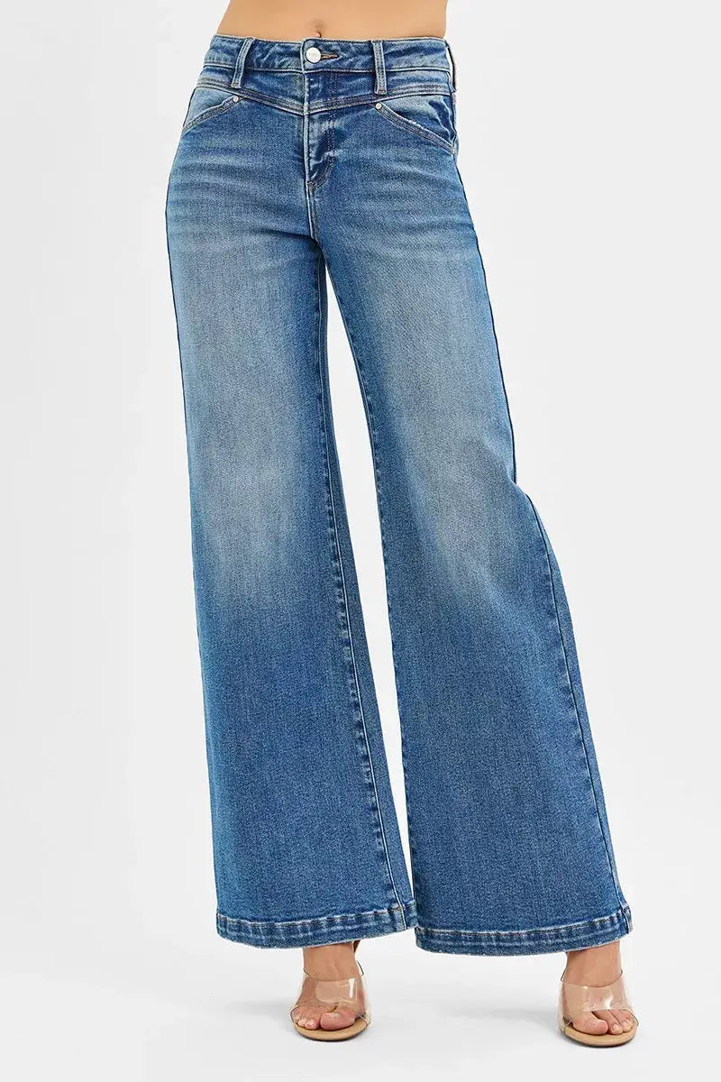 RISEN High Rise Wide Leg Jenas with Front Yoke and Heart Back Pocket - Trendsi - Flyclothing LLC