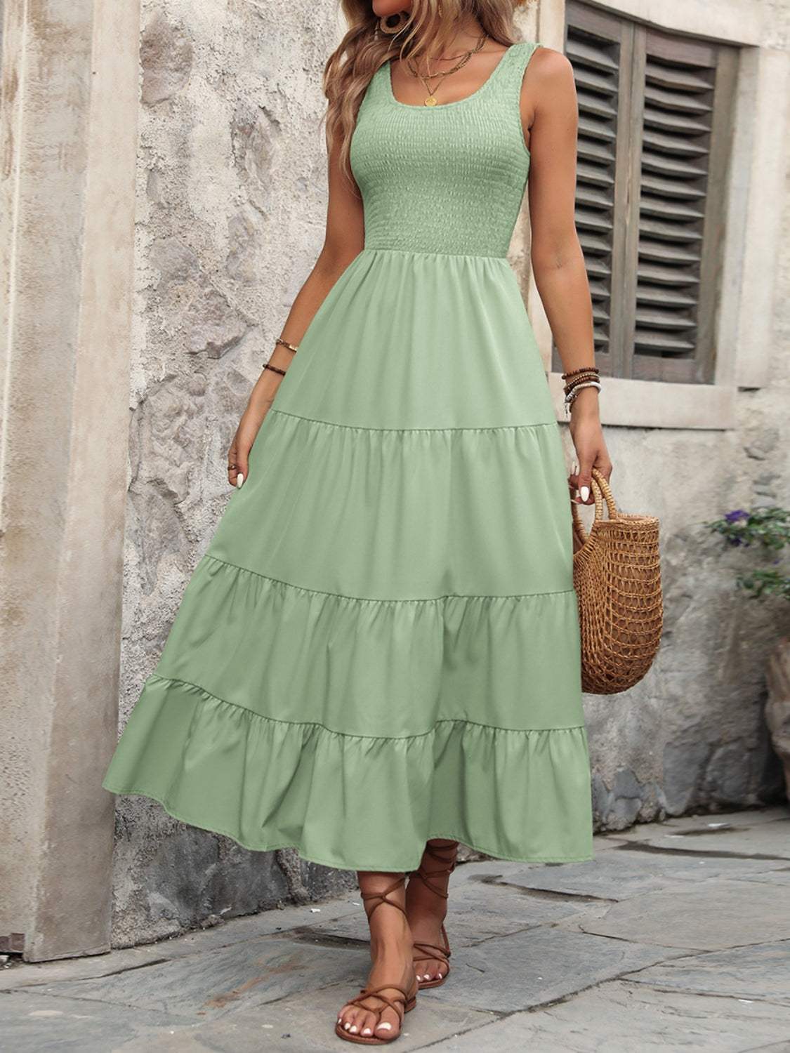 Smocked Scoop Neck Sleeveless Tank Dress - Trendsi - Flyclothing LLC