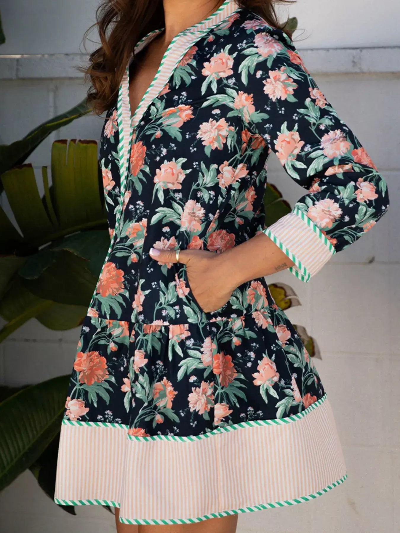 Floral Print Striped Trim V Neck Long Sleeve Ruffle Hem Shift Mini Dress - Trendsi - Flyclothing LLC