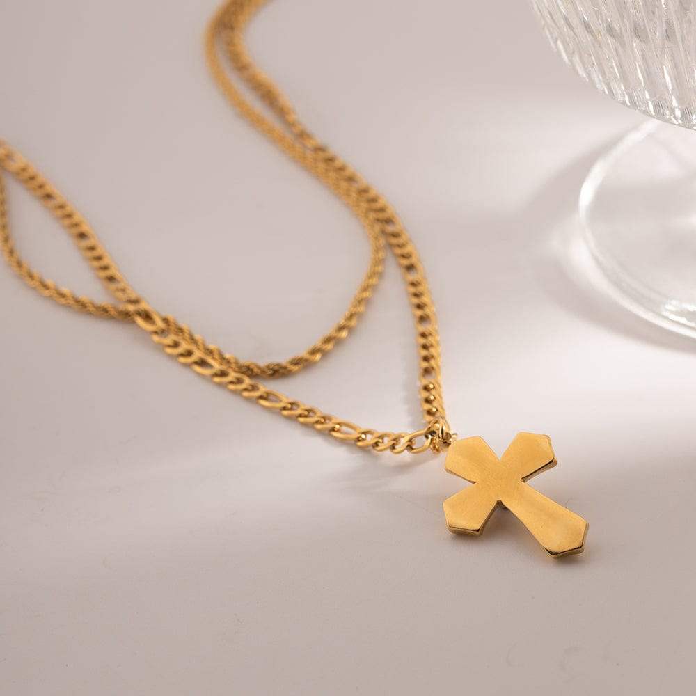 18K Gold-Plated Double Layered Cross Necklace - Trendsi - Flyclothing LLC
