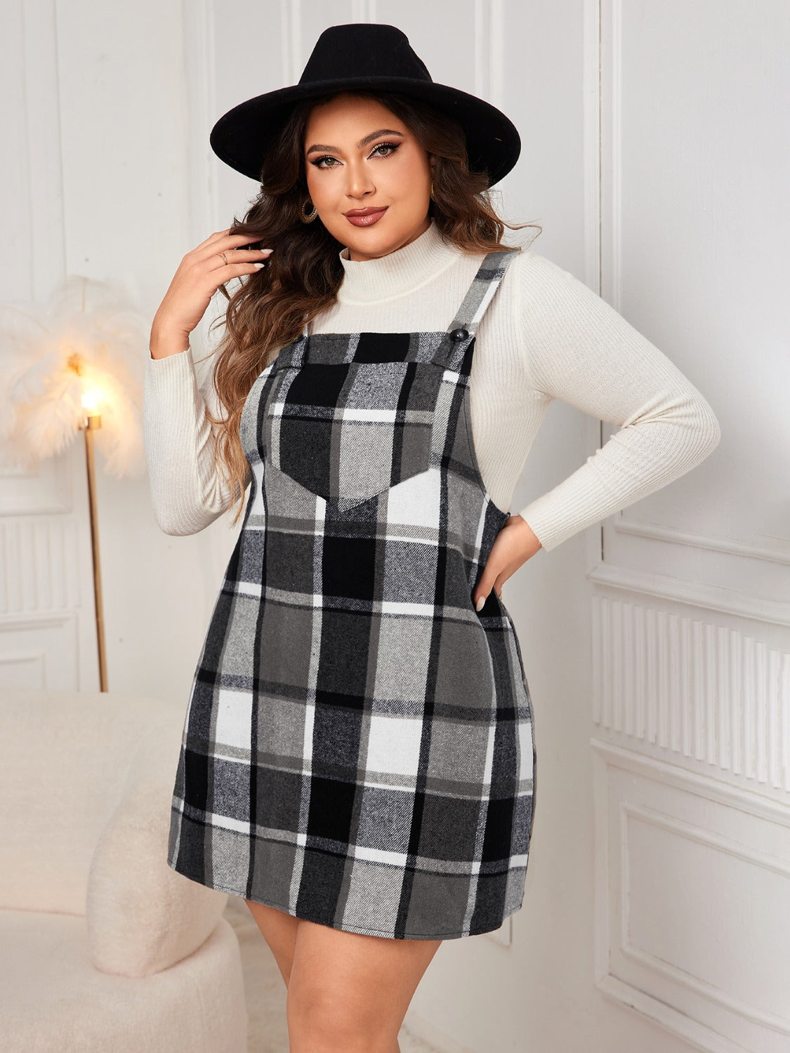 Plus Size Plaid Wide Strap Overall Dress - Trendsi - Flyclothing LLC