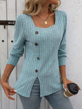 Decorative Button Striped Square Neck Long Sleeve T-Shirt - Trendsi - Flyclothing LLC
