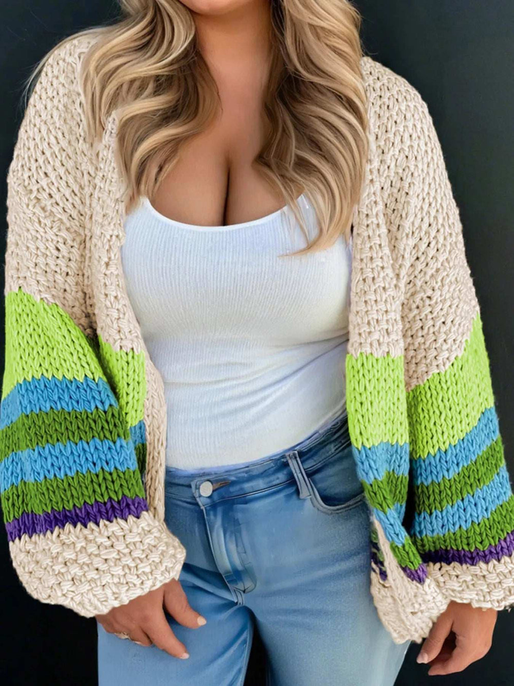 Plus Size Color Block Crochet Open Front Cardigan - Trendsi - Flyclothing LLC