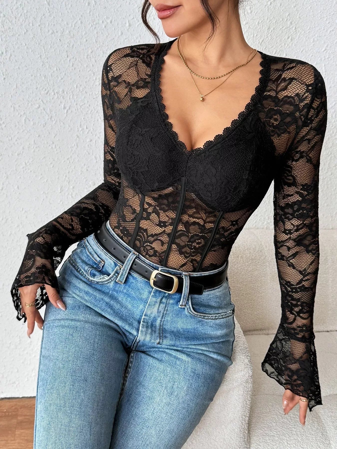 Lace Long Sleeve Bodysuit - Trendsi - Flyclothing LLC