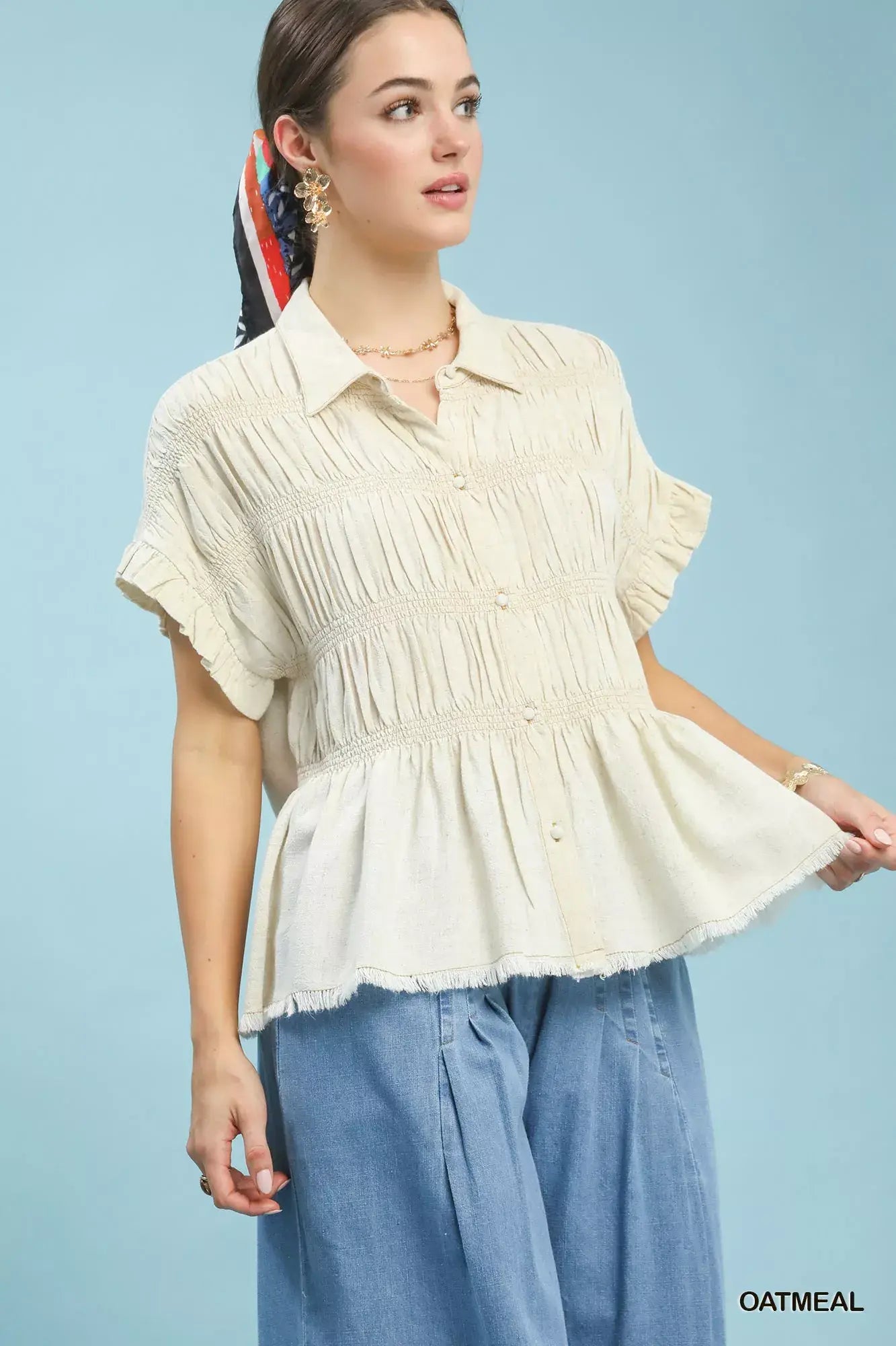 Umgee Washed Linen Blend Smocked Shirt - Trendsi - Flyclothing LLC