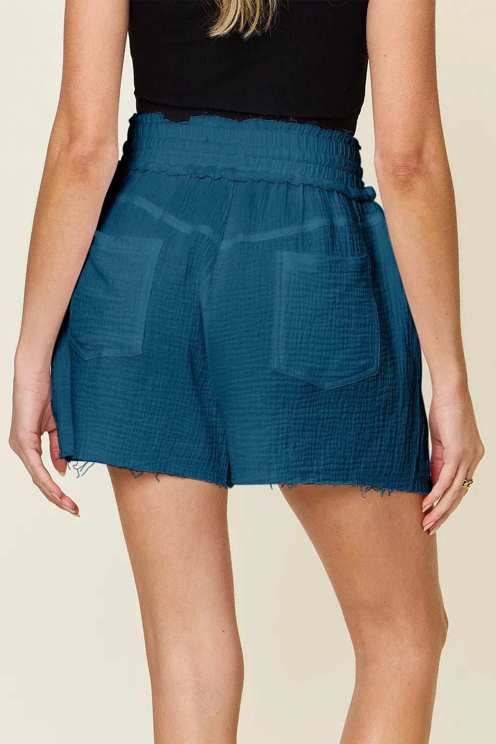 Double Take Full Size Texture Raw Trim Drawstring Shorts - Trendsi - Flyclothing LLC