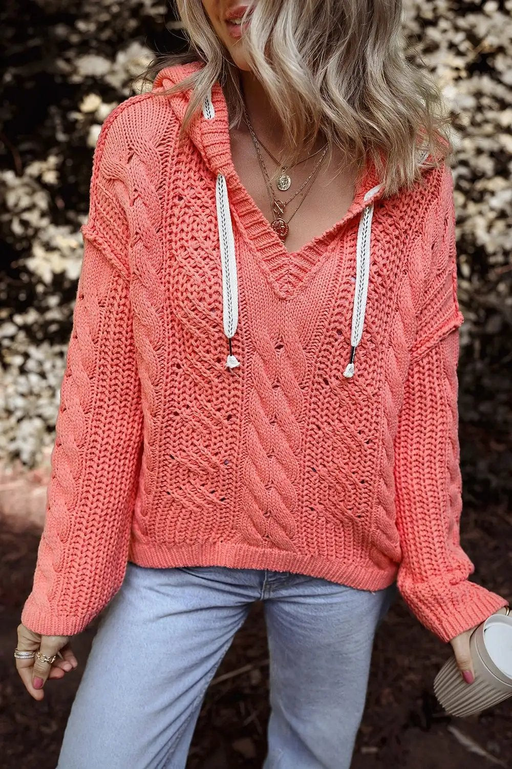 Drawstring Cable-Knit Hooded Sweater - Trendsi
