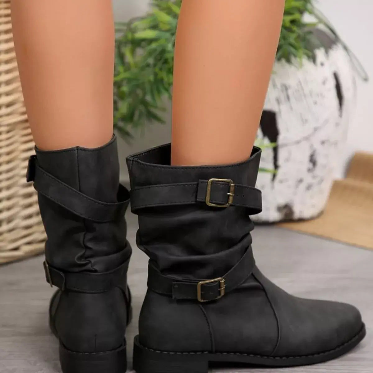 Buckled Low Heel Boots - Trendsi - Flyclothing LLC