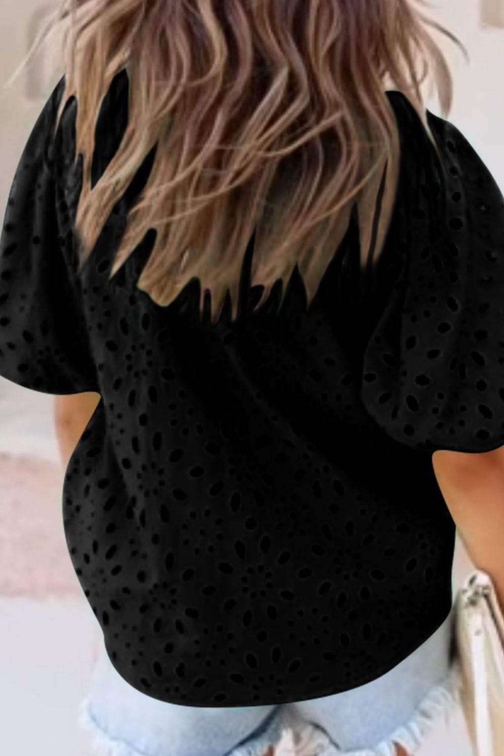 Eyelet Button Up Half Sleeve Blouse - Trendsi - Flyclothing LLC