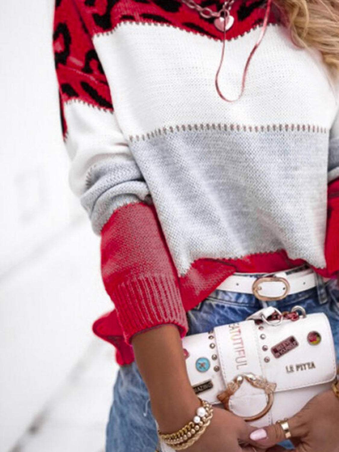 Leopard Color Block Round Neck Long Sleeve Sweater - Trendsi - Flyclothing LLC