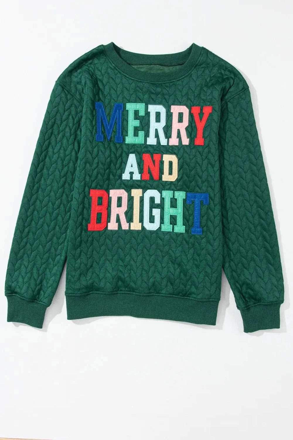 Full Size MERRY AND BRIGHT Cable Knit Pullover Sweatshirt - Trendsi - Flyclothing LLC