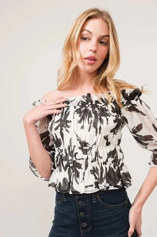 And The Why Smocked Off-Shoulder Floral Printed Top - Trendsi - Flyclothing LLC