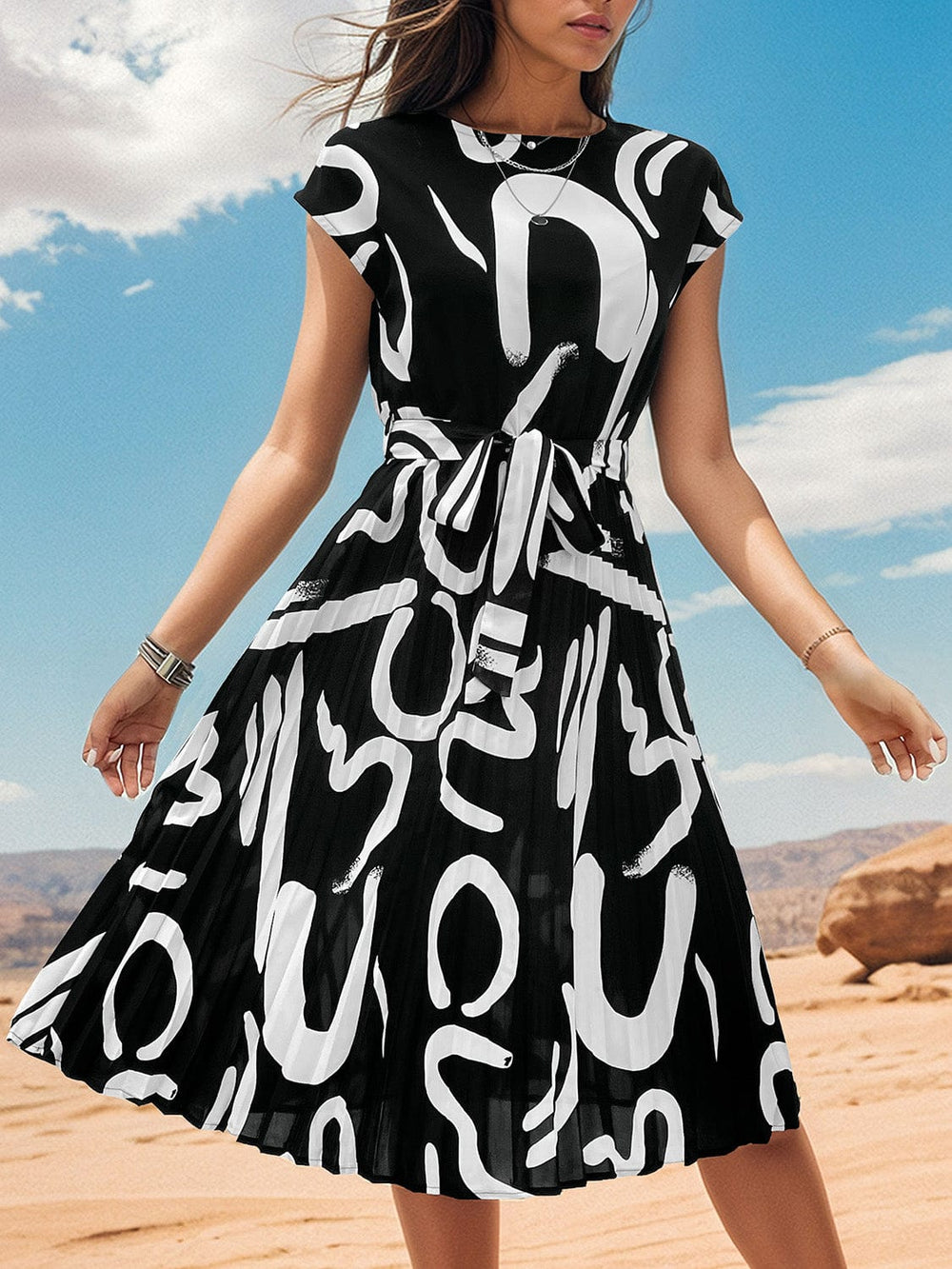 Printed Cap Sleeve Tie Waist Dress - Trendsi