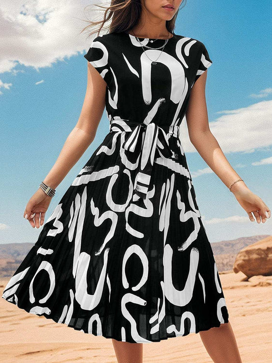 Printed Cap Sleeve Tie Waist Dress - Trendsi - Flyclothing LLC
