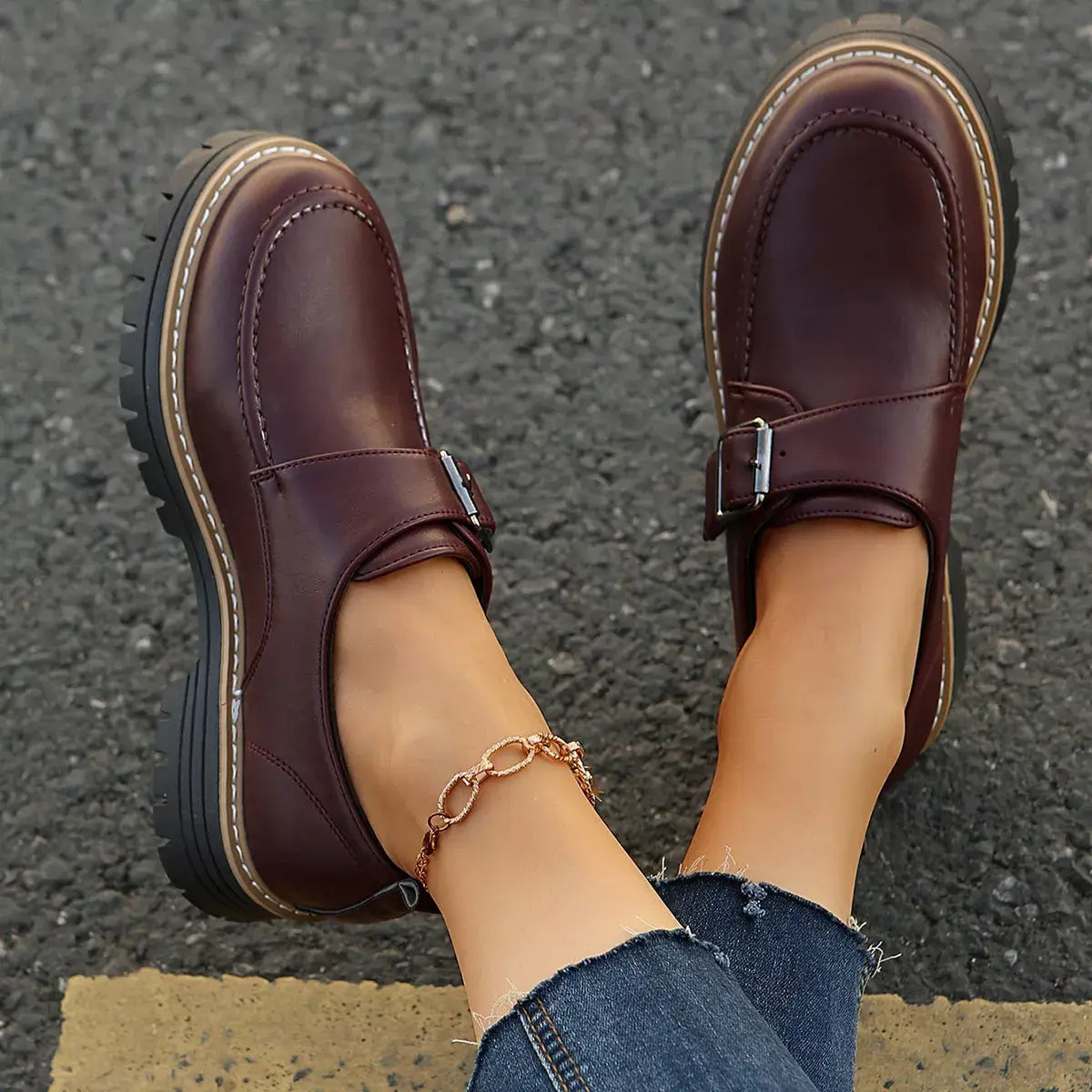 Buckle Accent Chunky Platform Loafers - Trendsi - Flyclothing LLC