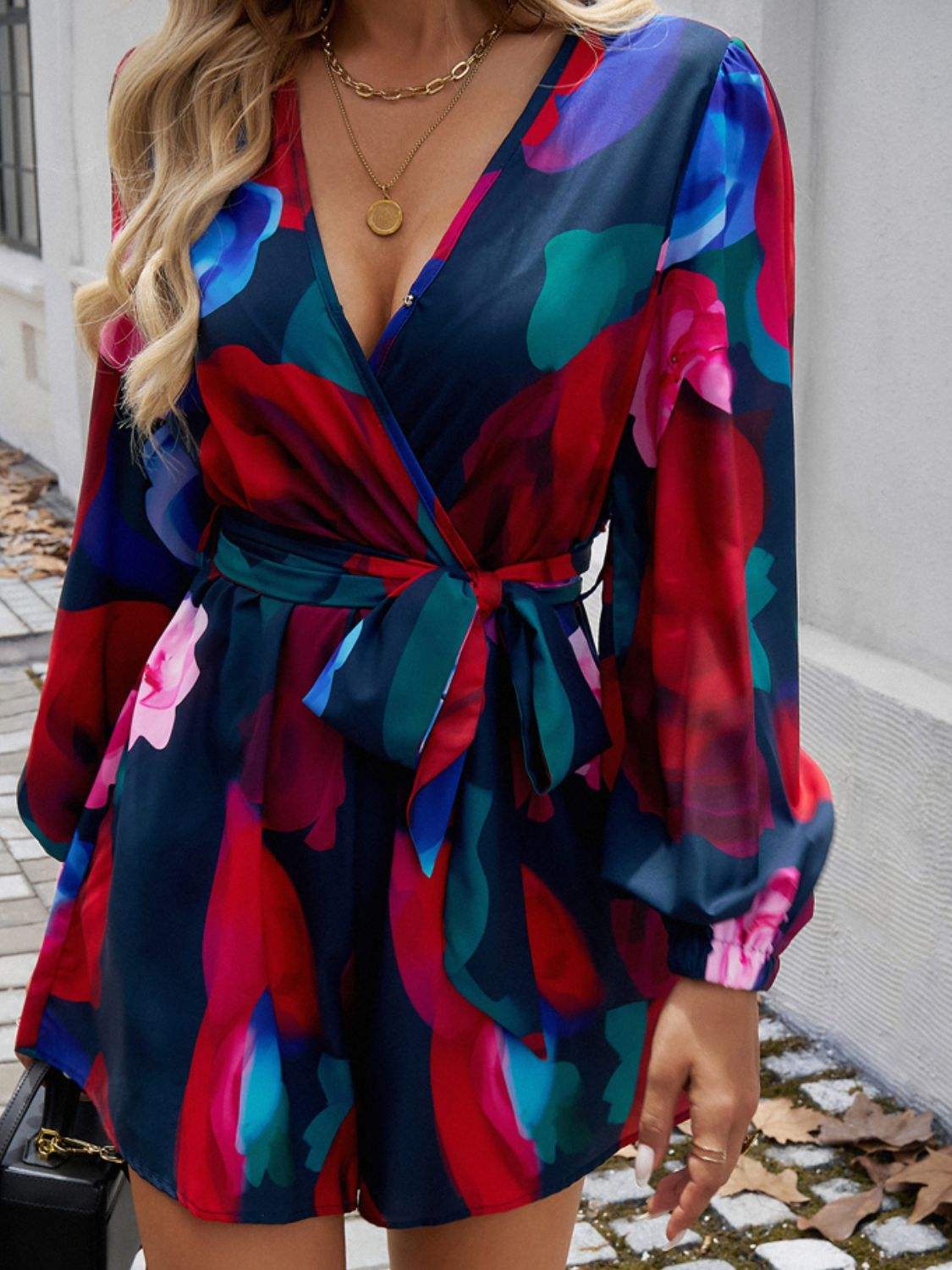 Devine Tied Surplice Long Sleeve Romper - Trendsi - Flyclothing LLC