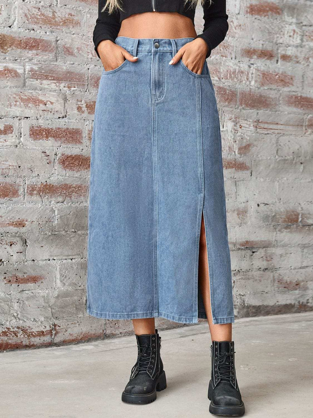 Slit High Waist Denim Skirt with Pockets - Trendsi - Flyclothing LLC