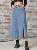 Slit High Waist Denim Skirt with Pockets - Trendsi
