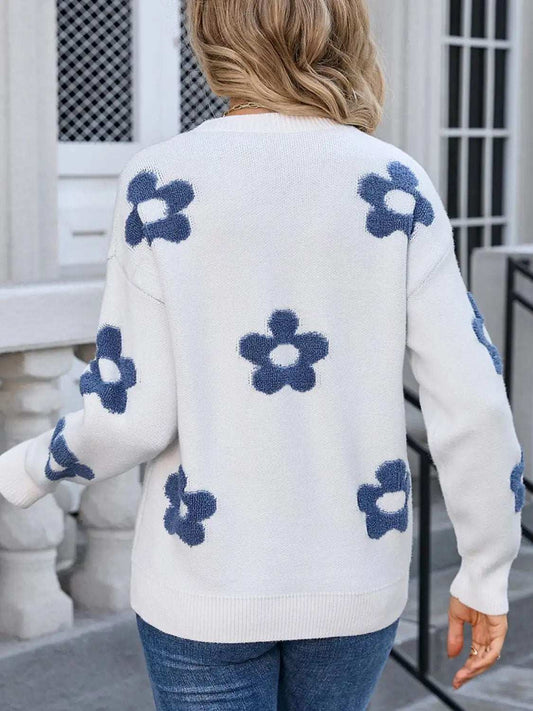 Angel Wings Flower Round Neck Long Sleeve Sweater - Trendsi - Flyclothing LLC