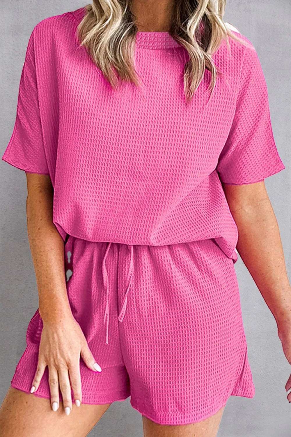 Waffle-Knit Round Neck Top and Shorts Set - Trendsi - Flyclothing LLC