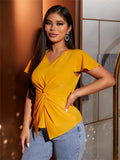 Twisted Solid V-Neck Cap Sleeve Blouse - Trendsi