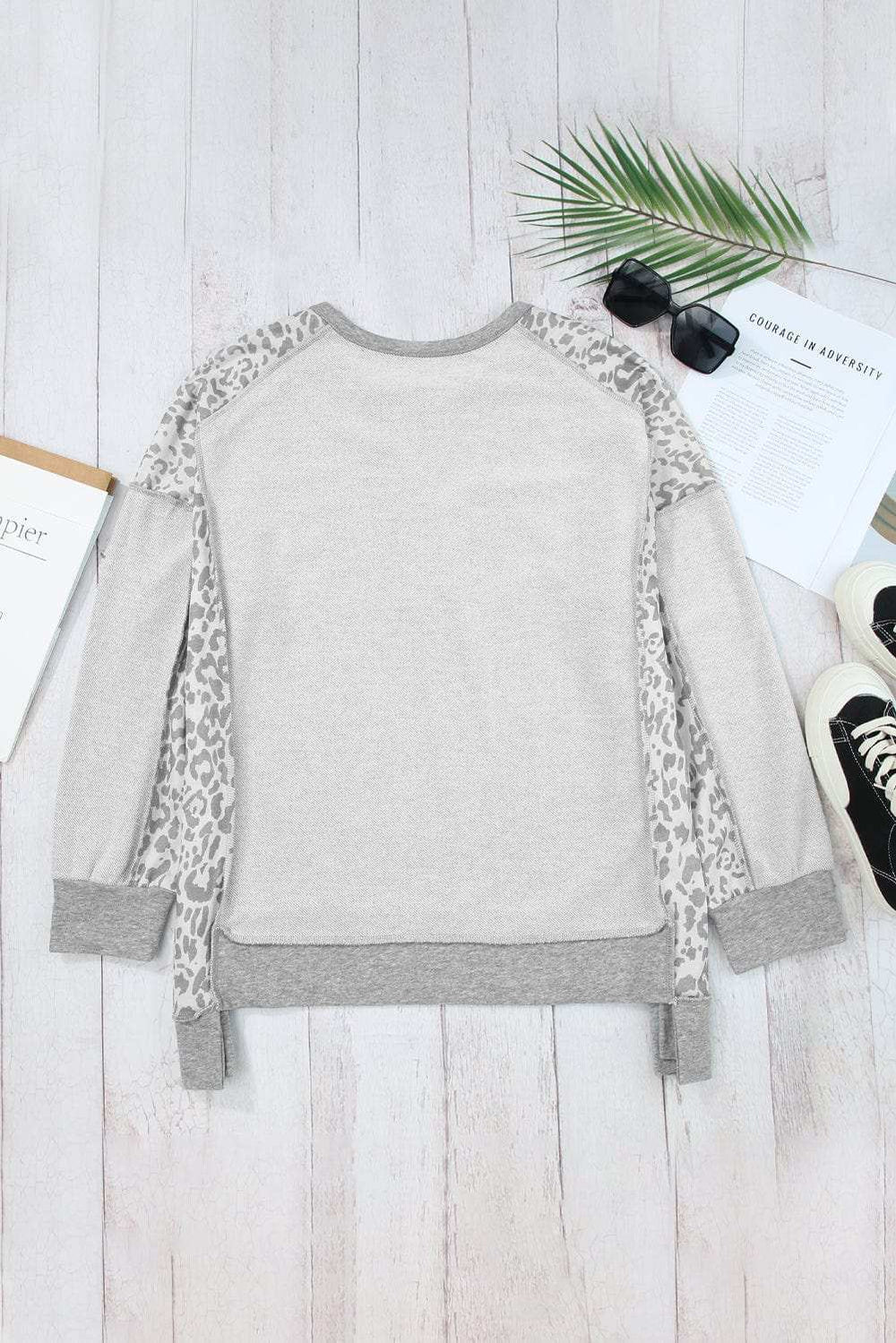 Exposed Seam Leopard Long Sleeve Sweatshirt - Trendsi - Flyclothing LLC
