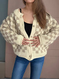 Checkered Button Up Round Neck Cardigan - Trendsi - Flyclothing LLC