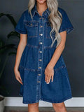 Pocketed Button Up Collared Neck Short Sleeve Denim Dress - Trendsi - Flyclothing LLC