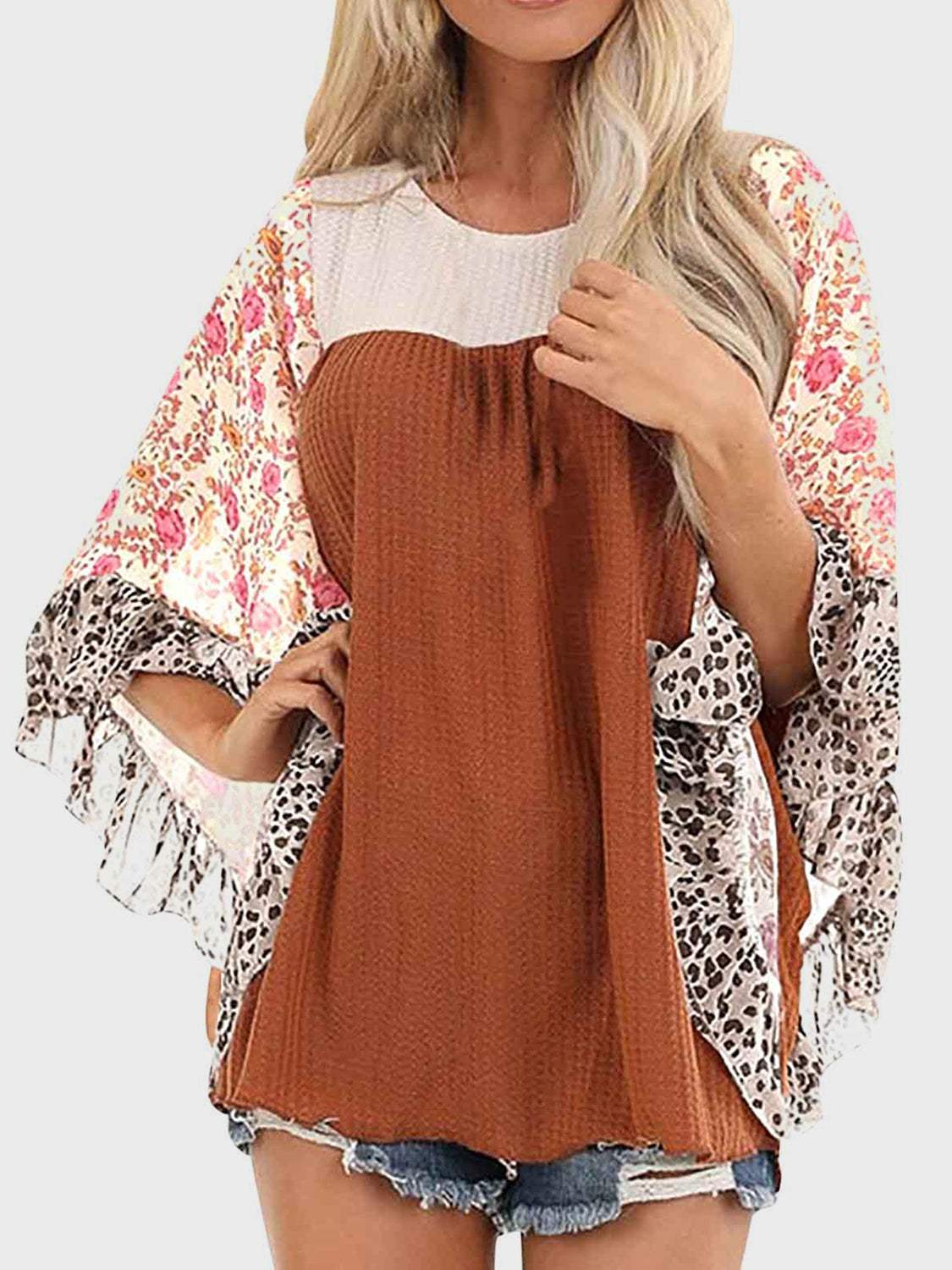 Full Size Printed Round Neck Three-Quarter Sleeve Blouse - Trendsi - Flyclothing LLC