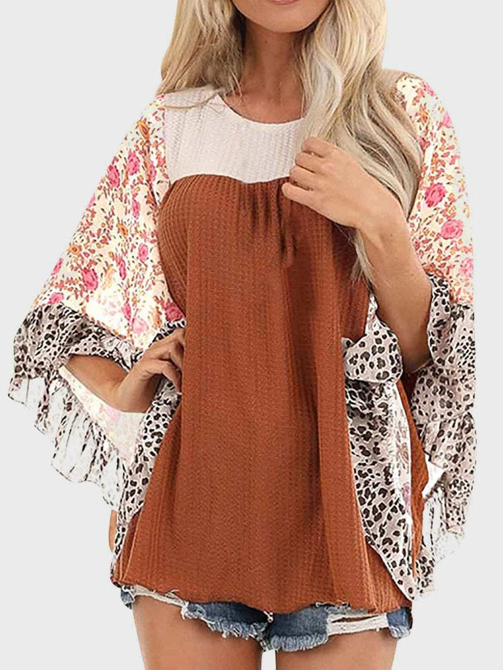 Full Size Printed Round Neck Three-Quarter Sleeve Blouse - Trendsi - Flyclothing LLC