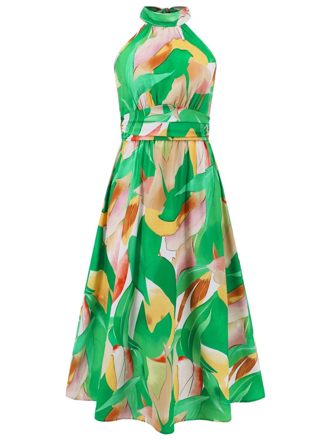 Ruched Printed Halter Neck Sleeveless Dress - Trendsi