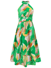 Ruched Printed Halter Neck Sleeveless Dress - Trendsi